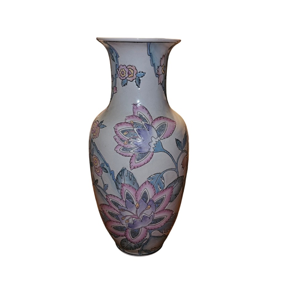 Vintage 1980s WBI Chinese Porcelain Floral Vase Pink Blue 12‎ Inch Baluster